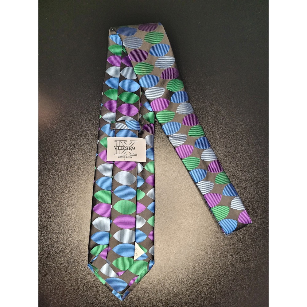 Verse 9 Necktie Gray Blue Purple Green Geometric Silk Excellent - Picture 3 of 4